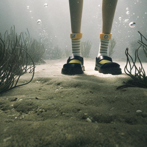 Close-up of SpongeBob's legs and feet. Underwater scene, Bikini Bottom. Unique socks and shoes visible
