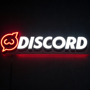 Discord's vibrant logo featuring bold white text and a sharp red outline on a deep black backdrop