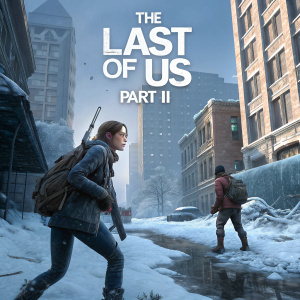 Promotional image for The Last of Us Part II. Video game characters in an abandoned city. Snowy wasteland. Text reads 'The Last of Us Part II' in sleek, modern font.