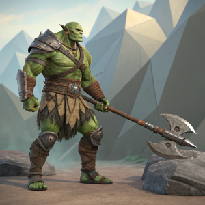 3D illustration of a fantasy orc character. Green skin, muscular build, sturdy stance. Wields a large, angular weapon. Background is abstract geometric shapes