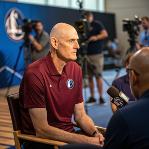 Rick Carlisle, the bald-headed coach, dressed in a maroon polo shirt with the Dallas Mavericks logo. He is sitting in a chair, giving an interview during a press conference.