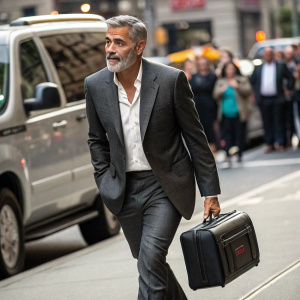 George Clooney, bearded actor, wearing a charcoal grey suit with a crisp white shirt, rushing through a bustling city street. He carries a black leather suitcase, passing by a parked van and a crowd of people. Candid snapshot.