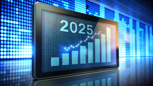 New 2025 year progress bar on digital lcd display with reflection. Concept of new year, annual plan, growth strategy, business planning, investment trends and strategy road map
