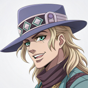 Illustration of Gyro Zeppeli from JoJo's Bizarre Adventure. Wearing stylish hat and brim. Expressive face, big smile.