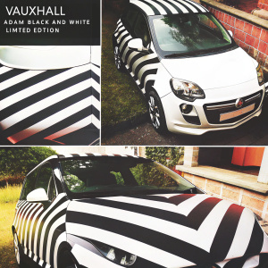Promotional spread showcasing Vauxhall's Adam Black and White Limited Edition. Each panel features the car's striking black and white design. Mentioning the exclusivity of the limited edition model.