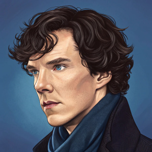 Digital illustration of Benedict Cumberbatch as Sherlock. Close-up view, intricate details of face and hairstyle. Solid blue background.