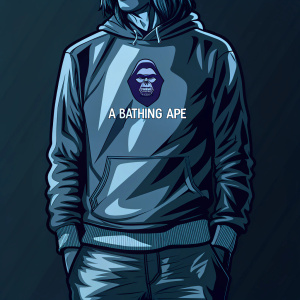 A model wearing a BAPE College Crewneck sweatshirt featuring a stylized gorilla and 'A BATHING APE' text. Against a plain black background.