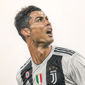 Realistic colored pencil drawing of Cristiano Ronaldo in action pose. Wearing Juventus jersey with details of his face and sweat.