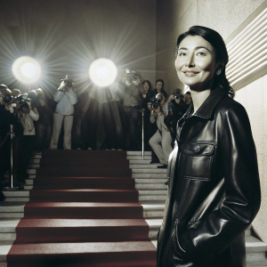 Maggie Cheung at Cannes Film Festival, wearing black leather jacket. Standing in front of red carpet and flashing cameras.