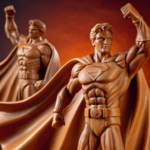 Muscular superhero, posing heroically in dynamic stances. Bold, solid red background. Focusing on the chiseled physique and flowing cape.