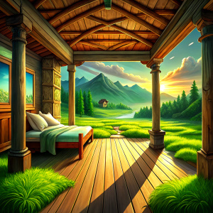 point of view angle, a lush green meadow, a wooden house, its interior, on the right 3 wood brown pillars coming from the ceiling to the floor, a bedroom behind the pillars with a wooden bed and a nightstand on the left of the bed, basement with stairs on the left of the bed

