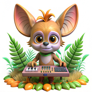 Zoom out of a cute, silly, fuzzy violet fruit bat character with big ears playing an alien analog synthesizer, performing on an alien synth instrument in a colorful psychedelic alien forest resembling Avatar. The forest features translucent plants with fluid flowing through the stems, similar to scenes from Pixar and Disney films.