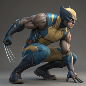 3D digital illustration of Wolverine. Crouched pose, determined look. Muscular physique, detailed texture. Form-fitting bodysuit with blue highlights. Gray background