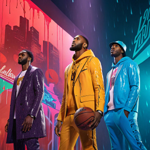 Promotional poster for NBA 2K2 showcasing a diverse array of players in stylish, drippy outfits against a backdrop of vivid colors and energetic graphics.