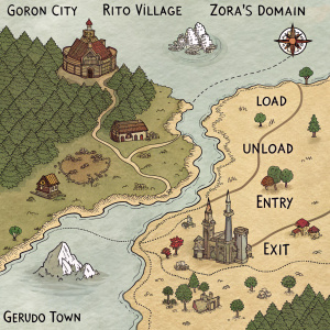 Hand-drawn fantasy map depicting Goron City, Rito Village, Zora's Domain, Gerudo Town, and Platua. Detailed sketch with arrows indicating movement and text labels such as Load, Unload, Entry, and Exit.