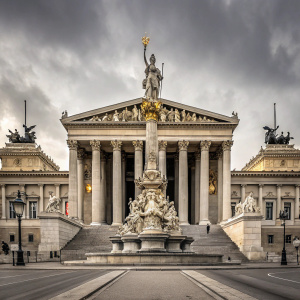 A majestic entrance to the Hofburg Palace, Vienna, Austria. Grand neoclassical architecture, ornate sculptures, central statue on pedestal. Large columned porticos and intricate detailing. Street-level view.