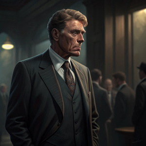 Burt Lancaster, looking stern, in a formal suit. Dimly lit room with blurred figures in the background.