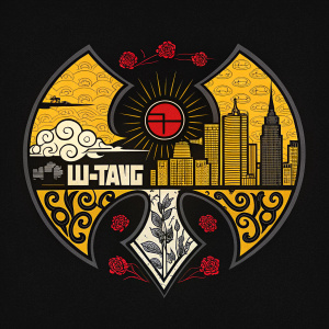 Stylized Wu-Tang Clan emblem graphic. Dark background