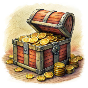 Chest of  wooden coins, China
