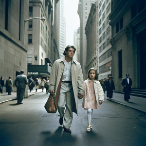 Mark Wahlberg and Ella Rae Wahlberg, walking down a bustling city street, surrounded by tall buildings and crowded sidewalks.