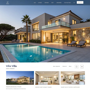 A sleek, modern real estate website showcasing a luxurious villa in Malta. The main image highlights the villa's pool and spacious exterior. Additional thumbnails provide glimpses of interior and exterior spaces, perfect for discerning buyers seeking detailed information and pricing.