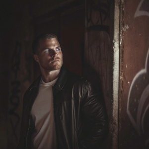 Stephen Amell, looking intense in a black leather jacket and white t-shirt. Standing alone in a dimly lit alley with graffiti on the walls.