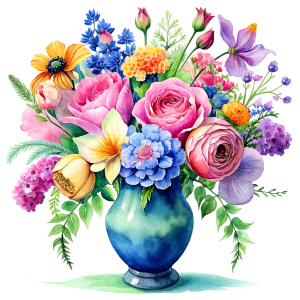 Watercolor image ,pink iris , pink daffodil , anemone , mint gladioluspale roses, pink popy ,orange freesia ,rose pink aster ,pink canna ,yellow calla , celosla , olive patunias ,pink jasmine ,leek ,yellow hyacinth , a cobalt blue huge french decorated WITH FLOWERs Vase with green blue ornaments ,on a white wall, watercolor