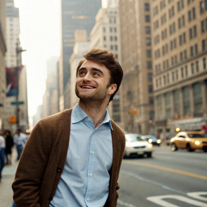 Daniel Radcliffe, smiling warmly, dressed in a light blue shirt and a brown cardigan. He stands in front of a busy street with tall buildings.