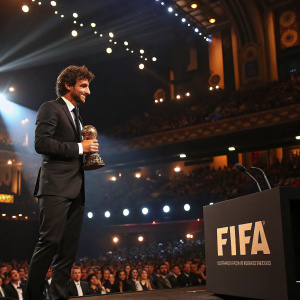 Pablo Aimar, dressed in a dark suit, accepting an award. Crowded auditorium, stage lights, FIFA logo displayed