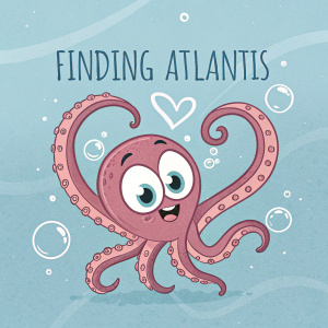 Cartoon octopus with tentacles curled into a heart shape. Light blue background with bubbles. Finding Atlantis graphic