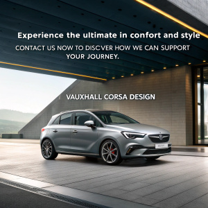 Experience the ultimate in comfort and style with the Vauxhall Corsa Design. Perfect for your business needs through our Courtesy Car Programme. Contact us now to discover how we can support your journey. Modern, sleek imagery blended with impactful text.