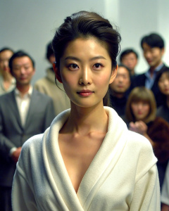 1girl, 20-year-old Korean actress Clara Lee Sung-min, bun hair style, wearing a white bathrobe without tying it, art show: 1.2, collarbone, looking at the audience, ((turbulent)), ((perfect body proportions)), (panorama: 1.3), beautiful and mature, wide-angle lens, grin, deep shadows, Emily Soto, <lora:DetailedEyes_xl_V2:1>, <lora:neg4all_bdsqlsz_xl_V7:1>, (super delicate oval face)), ((beautiful eyes with long eyelashes, ( (Real image quality)),((Leica RAW photo)),24k,((Fidelity:1.2)), ((Really