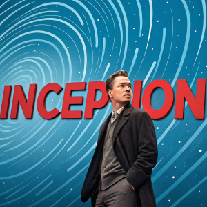 Promotional banner for the movie Inception. Red letters on a swirling blue background. Bold and visually striking design