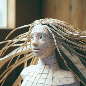 A 3D rendered character, female, intricate wireframe design, detailed face, flowing long hair, set against a solid black backdrop.