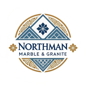 Northman Marble & Granite logo featuring intricate blue and brown geometric shapes, business logo