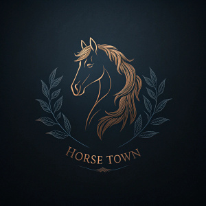 Logo silueta caballo delicado, de perfil, fondo negro, rodeado por hojas, nombre "horse town" debajo