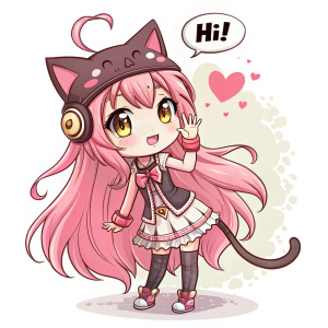 Illustration of a character named Nutaku-tan. She has long, pink hair, wears a cute outfit with a skirt and accessories, and sports a distinctive cat-themed headpiece. A speech bubble reads 'Hi!' with a heart symbol. The artwork is characterized by bold lines and bright colors.