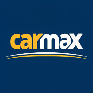 CarMax logo, featuring bold yellow and white text on a deep blue background. Below the main text, a catchy slogan.