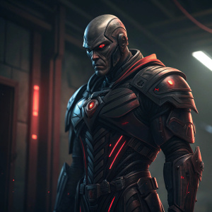 Digital artwork of a cybernetic warrior. Angular design, bald head, intense gaze. Standing menacingly in a dimly lit, dark room. Red highlights accentuate the sleek, futuristic combat suit.