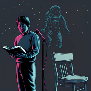 Ki Hong Lee, an Asian male, dressed in a brown sweater, standing beside a white chair with a microphone and an open book. An astronaut illustration and the Hammer Museum logo are visible in the background.