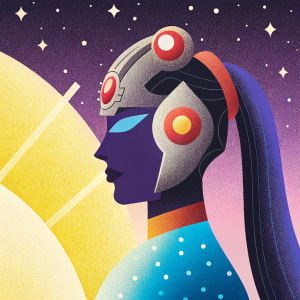 Digital artwork of Widowmaker from Overwatch. Dark night sky background with stars. She has intricate headgear with red glowing elements, angular face, and long dark hair in a ponytail.