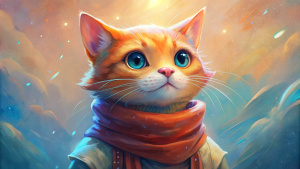 digital art of a orange cat, wearing a scarf around the neck, cartoony style of laurie greasley, studio ghibli, akira toriyama, james gilleard, genshin impact, trending pixiv fanbox, acrylic palette knife, 4k, vibrant colors, devinart, trending on artstation, low details