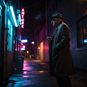 Telly Savalas as Detective Theo Kojak. Dark alley scene. Nighttime. Neon lights casting shadows.