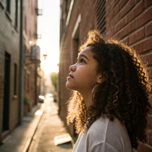 Young Latina girl with curly hair, standing in a sunlit alleyway between two brick buildings. She has a pensive expression.
