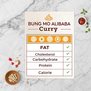 Bung Mo Aliababa Curry product packaging label. Nutritional information and ingredients prominently displayed. Fat, cholesterol, carbohydrate, protein, and calorie content clearly listed. Textured marble background.