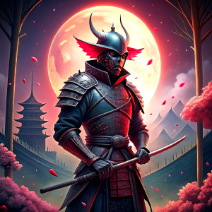 crear una imagen de un samurai haciendo reverencia con su espada en el suelo a su shogun. la armadura  lleva su nombre "JMZ73", superrealista full hd, 8k
