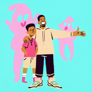 Kevin Hart and his son Hendrix Hart, dressed in casual attire, at the premiere of Captain Underpants. They pose in front of a green screen with animated characters.