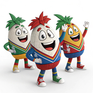 Digital illustration of Rugby League World Cup mascot team. Cartoon avatars in vibrant team jerseys made of textured, cracked material.