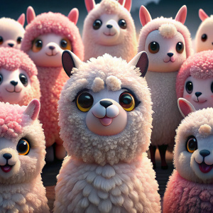A plethora of adorable cartoon llamas. They are illustrated with big round eyes, rosy cheeks, and soft fur. The majority of the llamas are in shades of black, but there's a distinct white llama standing out amidst them. The llamas are densely packed, creating a rich tapestry of feline faces. The overall mood of the image is cheerful and playful.ᎩᗩᏆᔑ(◠‿◠), vibrant, dark fantasy, illustration