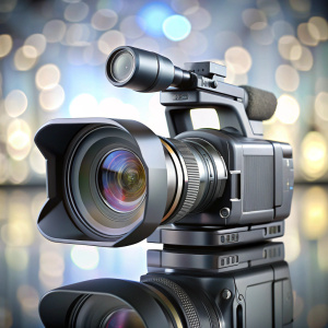  modern video camera against blurred  on white background